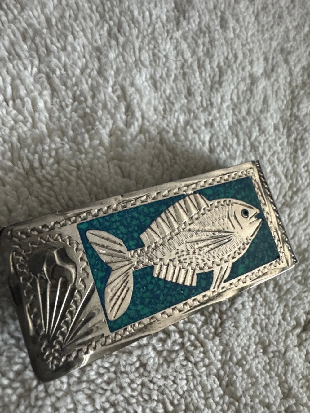 Handcrafted Sterling Silver Money Clip with Fish Accent and Turquoise Inlay.